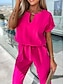 cheap Casual Jumpsuits-Women&#039;s Jumpsuits Casual Summer Lace up High Waist Solid Color Crew Neck Business Office Work Loose Fit Short Sleeve Black Pink Fuchsia S M L