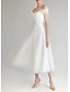 billiga Brudklänningar-Bridal Shower Liten vit klänning Bröllopsklänningar A-linje Över axeln Ärmlös Telång Satäng Brudklänningar Med Enfärgat 2024