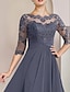 cheap Mother of Bride Dresses with Jacket-Two Piece A-Line Mother of the Bride Dress Formal Wedding Guest Elegant Scoop Neck Tea Length Chiffon Lace 3/4 Length Sleeve Wrap Included with Appliques Ruching 2024