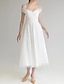 cheap Wedding Dresses-Bridal Shower Little White Dresses Wedding Dresses A-Line Off Shoulder Sleeveless Tea Length Satin Bridal Gowns With Solid Color 2024