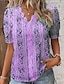 cheap Women&#039;s Blouses &amp; Shirts-Women&#039;s Shirt Boho Shirt Lace Shirt Blouse Floral Print Lace Trims Casual Holiday Basic Short Sleeve V Neck Blue