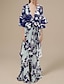cheap Party Dresses-A-Line Party Dresses Floral Dress Wedding Guest Holiday Floor Length Long Sleeve V Neck Polyester with Print Strappy 2024