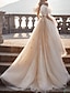 cheap Wedding Dresses-Beach Glitter &amp; Sparkle Wedding Dresses A-Line Off Shoulder Short Sleeve Court Train Lace Bridal Gowns With Appliques Solid Color 2023