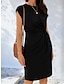 abordables robes unies-Femme robe noire Torsadé sur le devant Col Ras du Cou Robe mi-longue basique du quotidien Rendez-vous Manche Courte Eté Printemps