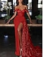 Χαμηλού Κόστους Βραδινά Φορέματα-γοργόνα φόρεμα βραδινό φόρεμα κόκκινο πράσινο φόρεμα φόρεμα επίσημο γάμο για καλεσμένους στο δικαστήριο τρένο αμάνικο off shoulder charmeuse με σκίσιμο από παγιέτες 2024