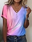 baratos T-Shirts de mulher-Mulheres Camiseta Âmbar Cores Gradiente Férias Botão Com Corte Rosa Manga Curta à moda Neon &amp; Bright Decote V Verão