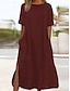 cheap Design Cotton &amp; Linen Dresses-Women&#039;s ArmyGreen Casual Maxi Dress Cotton Linen Blend Crew Neck Pocket Split Short Sleeve 2024 Spring