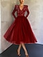 cheap Cocktail Dresses-Ball Gown A-Line Cocktail Dress Red Green Dresses Vintage Dress Evening Party Cocktail Party Tea Length Long Sleeve Jewel Neck Fall Wedding Guest Tulle with Sequin 2024
