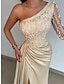 cheap Evening Dresses-Mermaid / Trumpet Gold Dresses Evening Gown Hot Dress Formal Wedding Guest Sweep / Brush Train Long Sleeve One Shoulder Bridesmaid Dress Satin with Rhinestone Appliques 2024