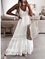 Χαμηλού Κόστους Βαμβακερά &amp; Λινά Φορέματα-Γυναικεία Λευκό φόρεμα Φόρεμα Νυφικό λευκό δαντέλα Μακρύ Φόρεμα Μάξι Φόρεμα Δαντέλα Φούντα Κοφτό Καθημερινά Διακοπές Λαιμόκοψη V Αμάνικο Καλοκαίρι Άνοιξη Λευκό Μπεζ Μονόχρωμες