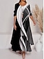cheap Print Dresses-Women&#039;s Color Block Long Maxi Dress Button Layered Casual Dress Swing Dress Print Dress Fashion Modern Daily Vacation Weekend 3/4 Length Sleeve Crew Neck Dress Loose Fit Silver Black White