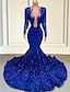 cheap Evening Dresses-Mermaid / Trumpet Evening Gown Sparkle &amp; Shine Dress Carnival Formal Court Train Long Sleeve V Neck African American Sequined with Beading Sequin 2024