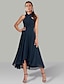 cheap Wedding Guest Dresses-A-Line Blue Wedding Guest Dresses Convertible Infinity Mother Dress Formal Tea Length Sleeveless One Shoulder Chiffon with Ruched 2024