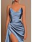 Χαμηλού Κόστους Βραδινά Φορέματα-βραδινό φόρεμα σε γραμμή μπλε νυφικό φόρεμα για cocktail party φόρεμα σατέν sweep / brush train αμάνικο v λαιμό φόρεμα παράνυμφος εξώπλατο με πιέτες με σκίσιμο 2024