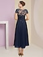 cheap Mother of Bride Dresses with Jacket-Two Piece A-Line Mother of the Bride Dress Formal Wedding Guest Elegant Scoop Neck Tea Length Chiffon Lace Short Sleeve Wrap Included with Pleats Sequin Appliques 2024