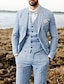 ieftine Costume de lenjerie-costume de in pentru bărbați, albastru deschis, costume de nuntă pe plajă, 3 piese, culoare uni, croit, la un singur piept, doi nasturi 2024