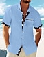baratos Camisa Algodão Linho-Homens camisa de linho camisa de verão camisa de praia Branco Azul Verde Manga Curta Listrado Lapela Primavera Verão Havaiana Feriado Roupa Básico