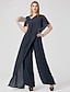 cheap Evening Dresses-Jumpsuits Evening Gown Minimalist Dress Wedding Guest Floor Length Short Sleeve V Neck With One Detachable Chiffon Sleeves 2023