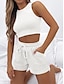 Χαμηλού Κόστους Γυναικεία Loungewear-γυναικεία πλεκτά σετ σαλονιών με βάφλα 2 τμχ καθαρό χρώμα αμάνικο crop top και τσέπη με κορδόνι ψηλόμεσο σορτς μόδα άνεση απαλό ραντεβού στο δρόμο διακοπές καλοκαίρι άνοιξη μαύρο λευκό