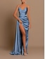 cheap Evening Dresses-A-Line Evening Dress Blue Wedding Guest Dress Cocktail Party Dress Satin Sweep / Brush Train Sleeveless V Neck Bridesmaid Dress Backless with Pleats Ruched Slit 2024