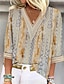 cheap Women&#039;s Blouses &amp; Shirts-Women&#039;s Shirt Lace Shirt Blouse Graphic Casual Print Lace Trims Yellow 3/4 Length Sleeve Basic V Neck