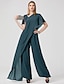 cheap Evening Dresses-Jumpsuits Evening Gown Minimalist Dress Wedding Guest Floor Length Short Sleeve V Neck With One Detachable Chiffon Sleeves 2023