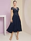 cheap Mother of Bride Dresses with Jacket-Two Piece A-Line Mother of the Bride Dress Formal Wedding Guest Elegant Scoop Neck Tea Length Chiffon Lace Short Sleeve Wrap Included with Pleats Sequin Appliques 2024