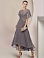 cheap Mother of the Bride Dresses-A-Line Mother of the Bride Dress Formal Wedding Guest Elegant Scoop Neck Asymmetrical Tea Length Chiffon Lace Half Sleeve with Beading Appliques 2024