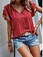 baratos Tops básicos de mulher-Camisa Social camisa Boho Blusa Mulheres Preto Vermelho Azul Floral Cordões Imprimir Casual Feriado Moda Decote V Normal S