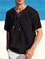 tanie Koszule bawełniane i lniane-Męskie Koszula lniana koszula Koszula z lnu bawełnianego Letnia koszula Koszula plażowa Czarny Biały Rumiany róż Krótki rękaw Równina W serek Lato Codzienny Hawajskie Odzież Ściągana na sznurek