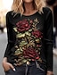 Χαμηλού Κόστους Γυναικεία T-Shirts-Γυναικεία Μπλουζάκι Φλοράλ Στάμπα Αργίες Σαββατοκύριακο Καθημερινά Βασικό Μακρυμάνικο Στρογγυλή Λαιμόκοψη Μαύρο Φθινόπωρο &amp; Χειμώνας