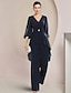cheap Mother of the Bride Pantsuits-Two Piece Jumpsuit / Pantsuit Mother of the Bride Dress Formal Wedding Guest Elegant High Low V Neck Floor Length Chiffon 3/4 Length Sleeve with Ruched Crystal Brooch 2024