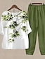 cheap Women&#039;s Two Piece Sets-Women&#039;s Shirt Pants Sets Floral Holiday Weekend Print Army Green Half Sleeve Basic Round Neck Fall &amp; Winter