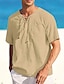 tanie Koszule bawełniane i lniane-Męskie Koszula lniana koszula Koszula z lnu bawełnianego Letnia koszula Koszula plażowa Czarny Biały Rumiany róż Krótki rękaw Równina W serek Lato Codzienny Hawajskie Odzież Ściągana na sznurek