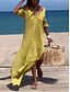 Χαμηλού Κόστους σχέδιο βαμβακερά &amp; λινά φορέματα-Γυναικεία Καθημερινό φόρεμα Φόρεμα από βαμβακερό λινό Μακρύ φόρεμα Κουμπί Τσέπη Κλασσικό Καθημερινά Διακοπές Λαιμόκοψη V 3/4 Μήκος Μανικιού Καλοκαίρι Άνοιξη Φθινόπωρο Κίτρινο Θαλασσί Σκέτο
