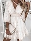olcso design pamut és len ruhák-Női Fehér ruha Csipkeruha Pamut vászon ruha Mini ruha Pamut Csipke Fodrozott Fűzőlyuk Klasszikus Napi V-alakú Háromnegyedes Nyár Tavasz Fehér Sárgabarack