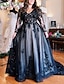 cheap Evening Dresses-A-Line Evening Gown Black Dress Formal Wedding Court Train Sleeveless V Neck Fall Wedding Reception Tulle with Slit Appliques 2024