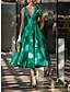 Недорогие Коктейльные платья-Коктейльные осенние платья трапеции элегантное платье красное зеленое платье винтажное формальное чайная длина без рукавов с v-образным вырезом пояс / пояс атлас со складками цветок на плечах 2024