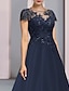 cheap Mother of the Bride Dresses-A-Line Mother of the Bride Dress Formal Wedding Guest Elegant Party Scoop Neck Sweep / Brush Train Satin Lace Short Sleeve with Sequin Appliques 2024