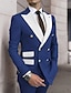 baratos Fatos-Ternos de baile masculinos azuis, ternos de casamento de outono, 2 peças, plus size, patchwork, sob medida, trespassado, seis botões, 2024
