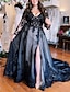 cheap Evening Dresses-A-Line Evening Gown Black Dress Formal Wedding Court Train Sleeveless V Neck Fall Wedding Reception Tulle with Slit Appliques 2024
