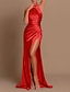 billiga Aftonklänningar-sjöjungfruklänning aftonklänning hög delad klänning grimma röd grön klänning bröllopssvep / borsttåg ärmlös brudtärnklänning satin med veck 2024