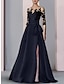 cheap Mother of the Bride Dresses-A-Line Evening Gown High Split Dress Formal Fall Sweep / Brush Train Half Sleeve Illusion Neck Satin with Slit Embroidery 2024