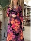 preiswerte Bedruckte Kleider-Damen A Linie Kleid Blumen Bedruckt V Ausschnitt kleid lang Täglich Urlaub Langarm Frühling Herbst