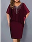 cheap Plus Size Party Dresses-Women‘s Plus Size Curve Party Dress Cocktail Dress Dress Midi Dress Black Wine Navy Blue Half Sleeve Pure Color Patchwork Summer Spring Fall V Neck  Vacation Wedding Guest Dress