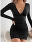 cheap Party Dresses-Women&#039;s Black Dress Party Dress Cocktail Dress Ruched V Neck Long Sleeve Mini Dress Vacation Black Spring Winter