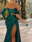 זול שמלות ערב-שמלת ערב בתולת ים שמלה אדומה ירוקה שמלת סאטן ירוקה בגוון סאטן מסיבת חתונה רשמית באורך רצפה עם שרוול ארוך שסע מחוץ לכתף 2024