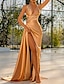 cheap Evening Dresses-Mermaid / Trumpet Evening Gown Sexy Dress Formal Wedding Guest Court Train Sleeveless Halter Neck Satin with Ruched Slit 2024