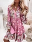 baratos Vestidos Estampados-vestido feminino feminino boho vestido na altura do joelho manga longa rosa estampa floral babado estampado verão primavera outono decote em v boho casual manga flare punho 2023 4xl