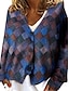 cheap Graphic Sweaters &amp; Cardigans-Women&#039;s Casual Jacket Street Daily Wear Vacation Fall Winter Regular Coat V Neck Loose Fit Windproof Breathable Stylish Sporty Chic &amp; Modern Jacket Long Sleeve Stripes and Plaid Print Red Blue Green